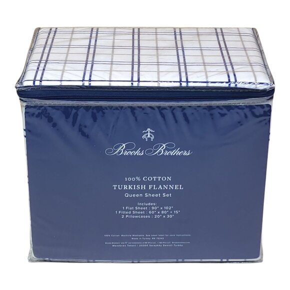 Brooks Brothers Queen Turkish Flannel Sheet Set 100% Cotton Blue White Plaid - Picture 5 of 8